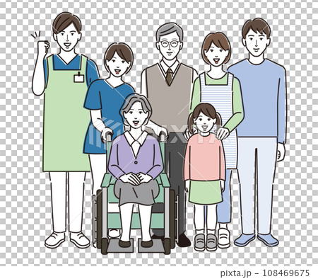 介護士と車椅子の高齢者と家族 108469675