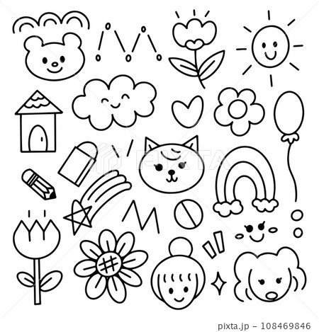Doodle handdrawn cartoon with black line for element, illustration. Animal, cat, dog, girl, flower 108469846
