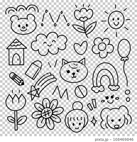 Doodle handdrawn cartoon with black line for element, illustration. Animal, cat, dog, girl, flower 108469846