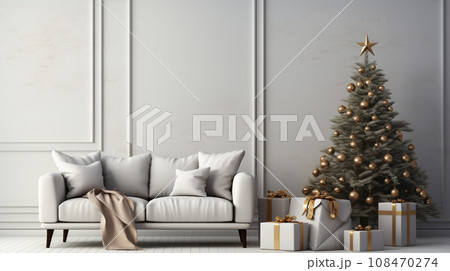 クリスマスツリー飾りのある白基調の居間