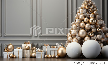 クリスマスツリー飾りのある白基調の居間