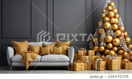 クリスマスツリー飾りのある黄色・金色基調の居間