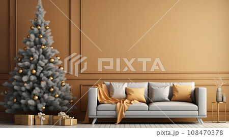 クリスマスツリー飾りのある黄色・金色基調の居間