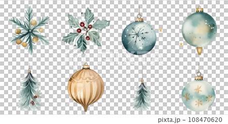 Watercolor style illustration of Christmas ornaments Watercolor style illustration of Christmas ornaments 108470620