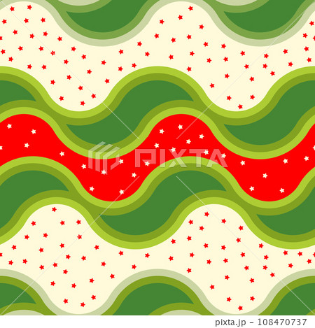 The pattern is smoothly seamless with a watermelon motif, a combination of several green and red colors with horizontal curved lines olso little stars 108470737