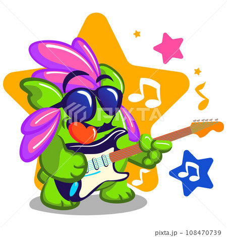 Vector mascot, cartoon and illustration of a cute chubby green imagination creature with pink bushy hair playing electric guitar in front of a bright yellow star 108470739