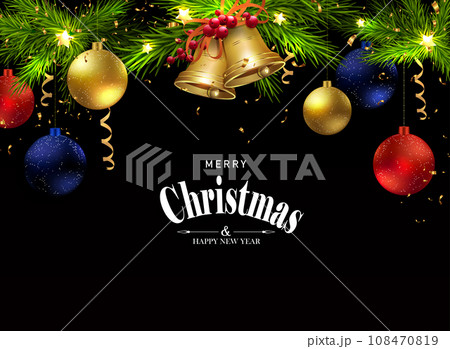 Christmas black card, pine garland, bells and balls on pendants 108470819