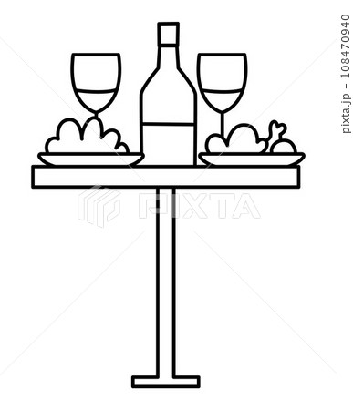 Vector black and white table with wine, glasses and dishes. Cute piece of furniture. French symbol line icon or coloring page. Restaurant dinner illustration 108470940