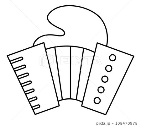 Vector accordion line icon. Traditional French musical instrument. Harmonica black and white illustration or coloring page 108470978