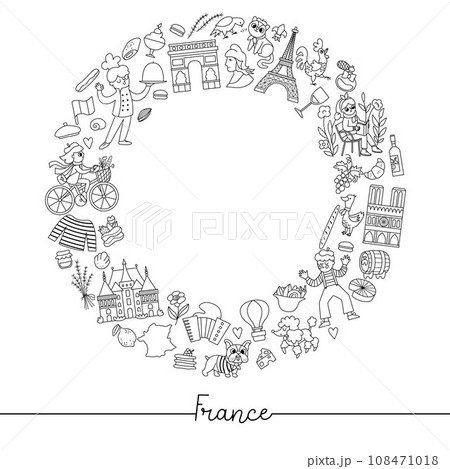 Vector black and white French round frame with people, animals, Eiffel tower, traditional symbols. Touristic France wreath card template for banners. Cute line illustration or coloring page Vector black and white French round frame with people, animals, Eiffel tower, traditional symbols. Touristic France wreath card template for banners. Cute line illustration or coloring page 108471018