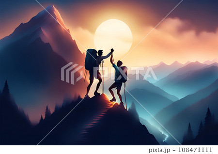 Hiking couple with backpacks in the mountains. Generative AI Hiking couple with backpacks in the mountains. Generative AI 108471111