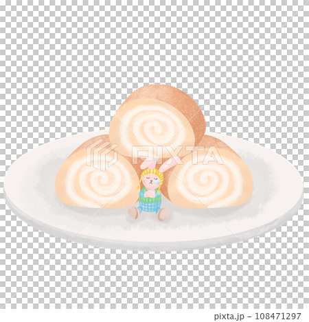 Cream filled roll cake placed on a white plate Eat with coffee or hot chocolate in the winter. 108471297