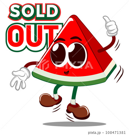 Vector mascot, cartoon and illustration of cute watermelon slice giving thumbs up in front of sold out lettering 108471381