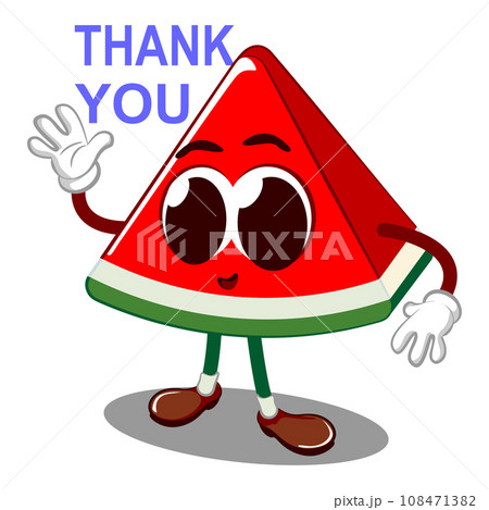 Vector mascot, cartoon and illustration of a cute watermelon slice saying thank you by raising one hand Vector mascot, cartoon and illustration of a cute watermelon slice saying thank you by raising one hand 108471382