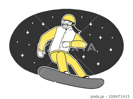 ナイター営業中のゲレンデをスノーボードで縦向きに滑る女性のイラスト素材 108471415