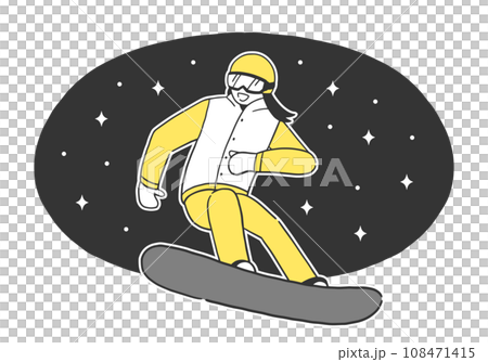 ナイター営業中のゲレンデをスノーボードで縦向きに滑る女性のイラスト素材 108471415