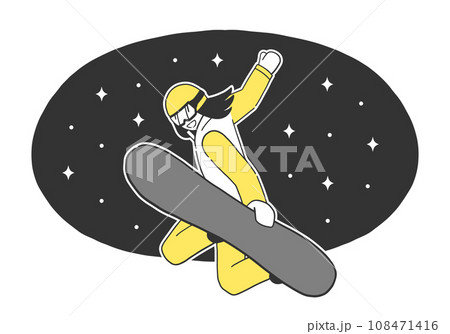 ナイター営業中のゲレンデでスノーボードでジャンプして技をきめる女性のイラスト素材 108471416