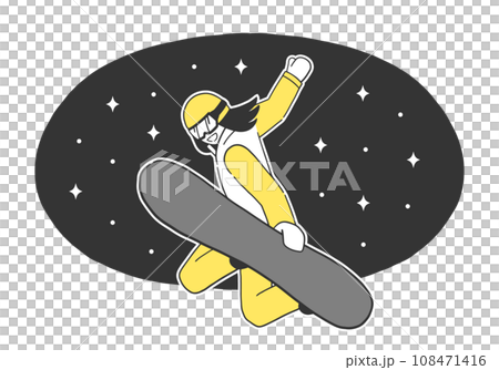 ナイター営業中のゲレンデでスノーボードでジャンプして技をきめる女性のイラスト素材 108471416