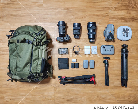 Set of photographer gear with mirrorless camera, lens, tripod, drone and backpack Set of photographer gear with mirrorless camera, lens, tripod, drone and backpack 108471813