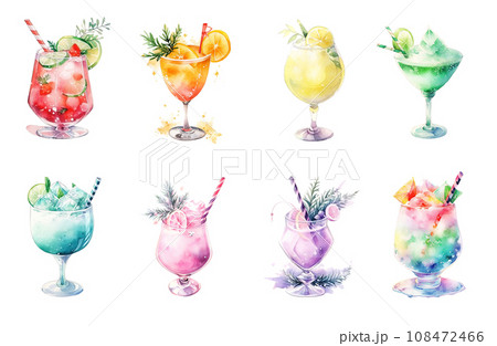Colorful new year drinks and cocktails, watercolor illustration 108472466