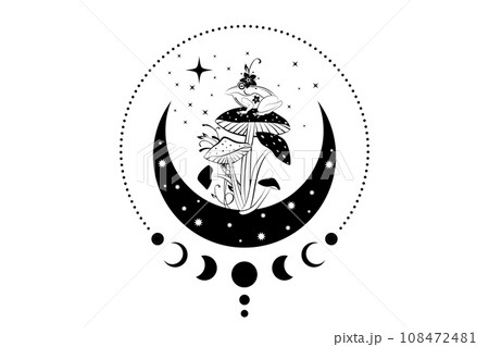 Celestial Mystical boho mushrooms, magic Amanita Muscaria with moon and stars, witchcraft symbol, witchy esoteric logo tattoo, Moon Phase, floral elements fungi, fungus. Esoteric wiccan clipart 108472481