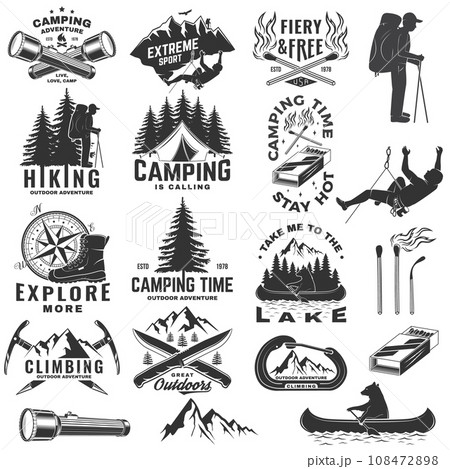 Set of outdoor adventure sticker. Vector illustration. Concept for shirt or logo, print, stamp, patch or tee. Vintage typography design with forest pine tree, hiker, climber and mountain silhouette 108472898