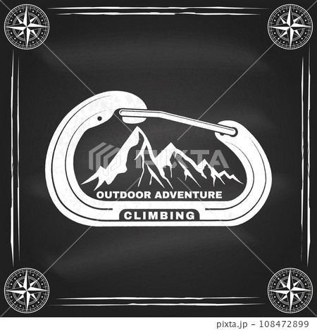 Climbing badge, logo design on chalkboard. Vector. Concept for shirt or logo, print, stamp or tee. Vintage typography design with mountain and old metal climbing ice-axe silhouette. Outdoors adventure 108472899
