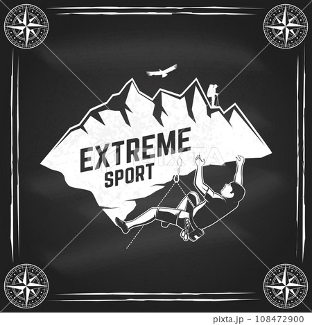 Extreme sport, Rock Climbing club badge, logo design on chalkboard. Vector illustration. Concept for shirt or logo, print, stamp or tee. Vintage typography design with climber on the mountains Extreme sport, Rock Climbing club badge, logo design on chalkboard. Vector illustration. Concept for shirt or logo, print, stamp or tee. Vintage typography design with climber on the mountains 108472900