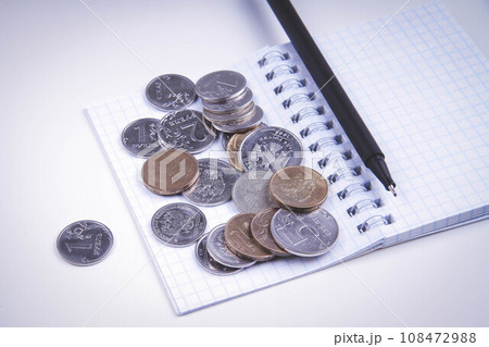 Money and notepad for shopping. Shopping list. Food basket. 108472988