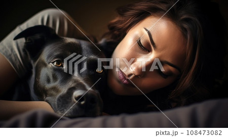 Dog therapy. Young brunette woman lies in embrace with black Labrador Retriever dog. Close-up. Dog is a friend, helps the girl overcome stress. Friendship with animal. Devotion and loyalty. 108473082