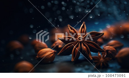 Star anise. Brown spice in shape of star on beautiful blue background with water drops. Aromatic seasonings for tea, coffee, hot chocolate, cocoa, mulled wine. Tea house, cafe, restaurant spice shop Star anise. Brown spice in shape of star on beautiful blue background with water drops. Aromatic seasonings for tea, coffee, hot chocolate, cocoa, mulled wine. Tea house, cafe, restaurant spice shop 108473091