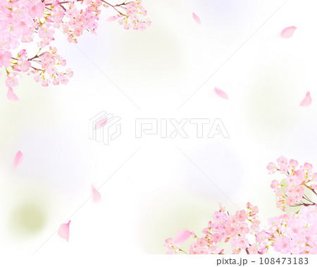 かわいい薄いピンク色の桜の花と花びら春の水彩白バックフレーム背景素材イラスト 108473183
