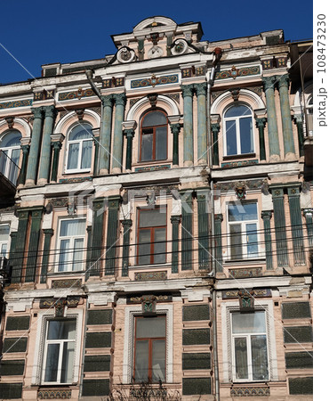 Kiev, Ukraine January 2, 2021: The ornate facade of an ancient building in the center of Kiev 108473230