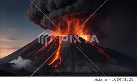 volcano eruption with massive high bursts of lava and hot clouds soaring high into the sky, pyroclastic flow in asia volcano eruption with massive high bursts of lava and hot clouds soaring high into the sky, pyroclastic flow in asia 108473329