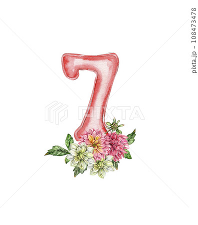 Watercolor hand drawn numbers and flowers composition. Illustration of a numbers. Perfect for scrapbooking, kids design, wedding invitation, posters, greetings cards, party decoration. 108473478