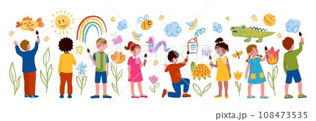 Kid draws. Child crayon paints, children with color pencils and wall picture, childhood, kids play games. Cute young artists. Girls and boys drawing. Vector cartoon flat style isolated tidy characters 108473535