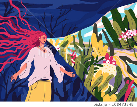 Optimist mind. Positive outlook. Good mood. Look focus beam of optimism. Joyful mindset. Woman seeing happy future. Beautiful people. Wellbeing lifestyle. Psychology exact concept. Vector illustration 108473549