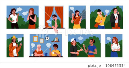 Cigarette smoke. People smoking tobacco. Vape smokers. Nicotine addiction. Happy young man and woman walk in park. Human health. Tobacco in hand. Harmful habit. Vector tidy illustration scenes set 108473554