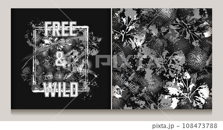 Abstract gray camouflage pattern, label with splattered paint, paint brush strokes, leaves, halftone shapes, text Free and Wild. For apparel, fabric, textile, sport goods Grunge texture No AI 108473788