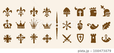 Heraldic symbols in the Romanesque style in the old paper background. Vector set vintage icons of historical Heraldic symbols. 108473879