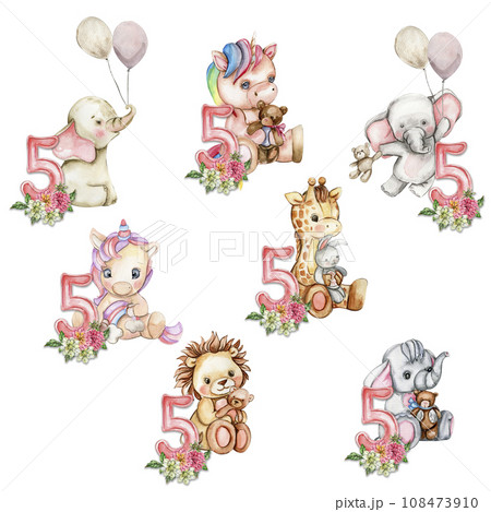 Watercolor hand drawn small baby animals with dahlia flowers and numbers composition. African baby animal for baby shower party design, birthday, cake, kids room decorations, poster, cards, fabric. Watercolor hand drawn small baby animals with dahlia flowers and numbers composition. African baby animal for baby shower party design, birthday, cake, kids room decorations, poster, cards, fabric. 108473910