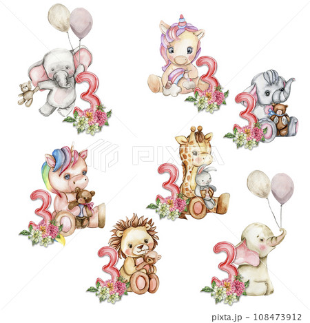 Watercolor hand drawn small baby animals with dahlia flowers and numbers composition. African baby animal for baby shower party design, birthday, cake, kids room decorations, poster, cards, fabric. 108473912