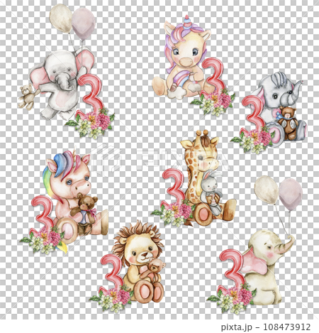Watercolor hand drawn small baby animals with dahlia flowers and numbers composition. African baby animal for baby shower party design, birthday, cake, kids room decorations, poster, cards, fabric. 108473912