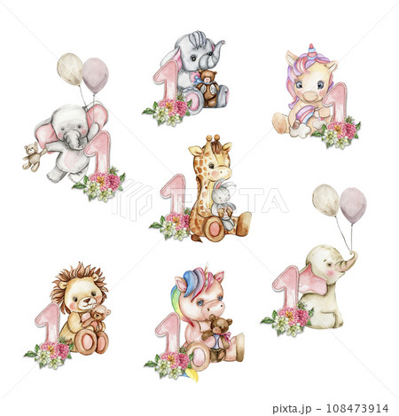 Watercolor hand drawn small baby animals with dahlia flowers and numbers composition. African baby animal for baby shower party design, birthday, cake, kids room decorations, poster, cards, fabric. 108473914