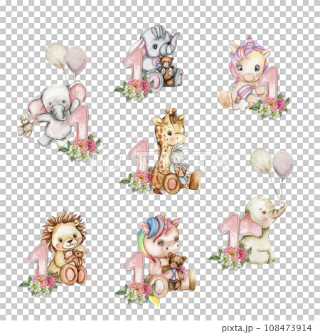 Watercolor hand drawn small baby animals with dahlia flowers and numbers composition. African baby animal for baby shower party design, birthday, cake, kids room decorations, poster, cards, fabric. 108473914