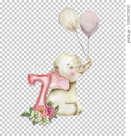 Watercolor hand drawn small baby elephant with dahlia flowers and numbers composition. African baby animal for baby shower party design, birthday, cake, kids room decorations, poster, fabric. 108473932