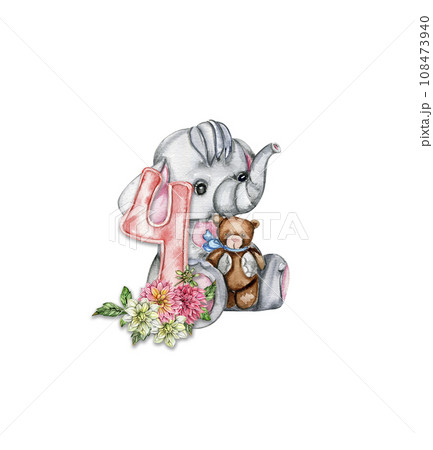 Watercolor hand drawn small baby elephant with dahlia flowers and numbers composition. African baby animal for baby shower party design, birthday, cake, kids room decorations, poster, fabric. Watercolor hand drawn small baby elephant with dahlia flowers and numbers composition. African baby animal for baby shower party design, birthday, cake, kids room decorations, poster, fabric. 108473940