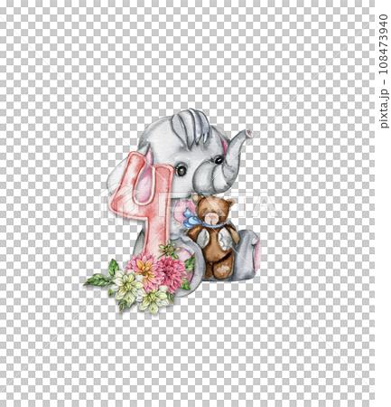 Watercolor hand drawn small baby elephant with dahlia flowers and numbers composition. African baby animal for baby shower party design, birthday, cake, kids room decorations, poster, fabric. Watercolor hand drawn small baby elephant with dahlia flowers and numbers composition. African baby animal for baby shower party design, birthday, cake, kids room decorations, poster, fabric. 108473940