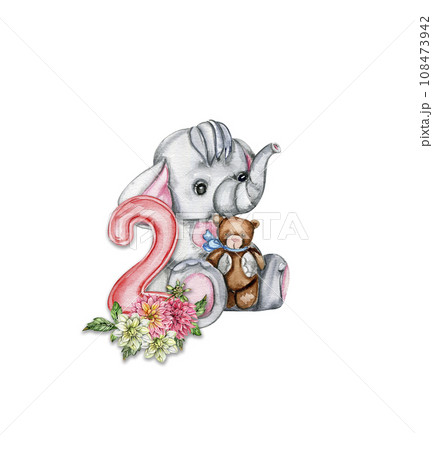 Watercolor hand drawn small baby elephant with dahlia flowers and numbers composition. African baby animal for baby shower party design, birthday, cake, kids room decorations, poster, fabric. Watercolor hand drawn small baby elephant with dahlia flowers and numbers composition. African baby animal for baby shower party design, birthday, cake, kids room decorations, poster, fabric. 108473942