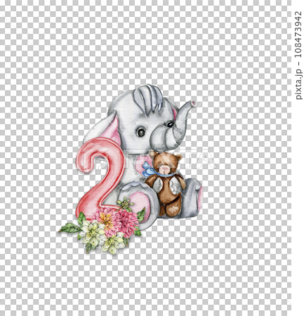 Watercolor hand drawn small baby elephant with dahlia flowers and numbers composition. African baby animal for baby shower party design, birthday, cake, kids room decorations, poster, fabric. Watercolor hand drawn small baby elephant with dahlia flowers and numbers composition. African baby animal for baby shower party design, birthday, cake, kids room decorations, poster, fabric. 108473942